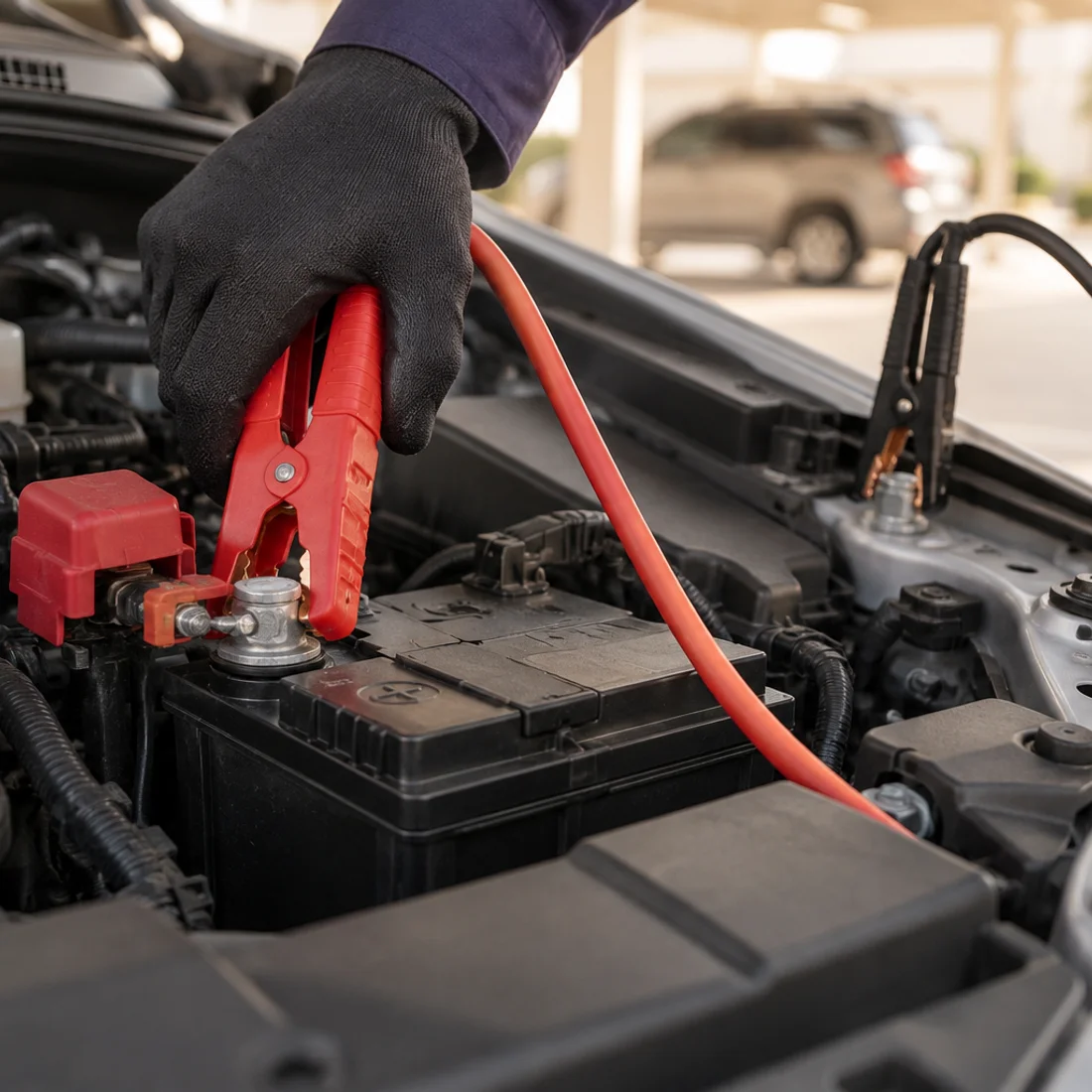 Red jump lead clamp on a car battery positive terminal