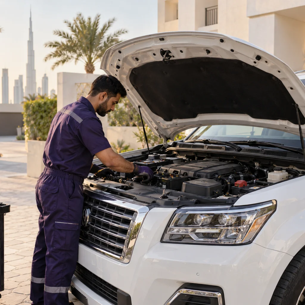 Car being serviced on a shaded villa driveway